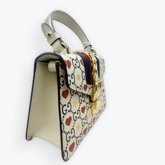Auth Gucci White Leather Top Handle Ltd Edition Sylvie Heart GG Monogram Handbag - Picture 6 of 16